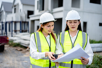 Two female engineers wearing safety helmets and reflective vests inspecting construction site and discussing project plan with blueprint, real estate developer, construction industry.