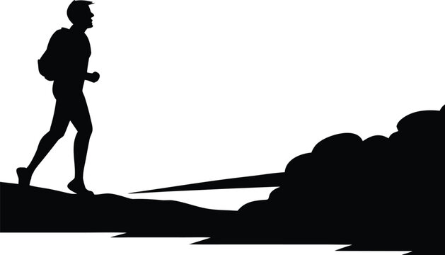 Silhouette of a runner on a path with rough terrain isolated on white background