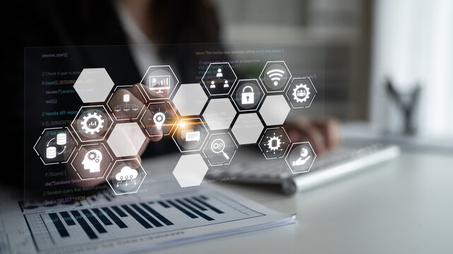 Hexagon interface combining AI, data, analytics, and cybersecurity. AI connects systems, data drives analytics, data supports decisions, and AI enables smart business infrastructure. Latch - Powered by Adobe