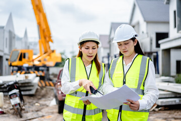 Two female engineers wearing safety vests and helmets discussing construction blueprints at residential building site with crane in background, teamwork and project planning concept