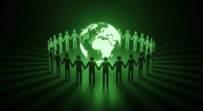 Global unity and collaboration symbolized by diverse people holding hands around a glowing earth illustration