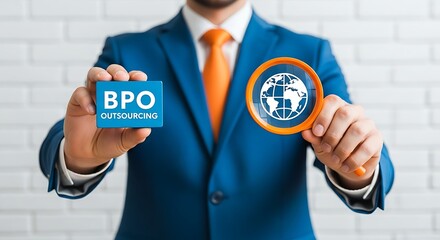 Dynamic executive showcases global business process outsourcing opportunities with magnifying glass and BPO card