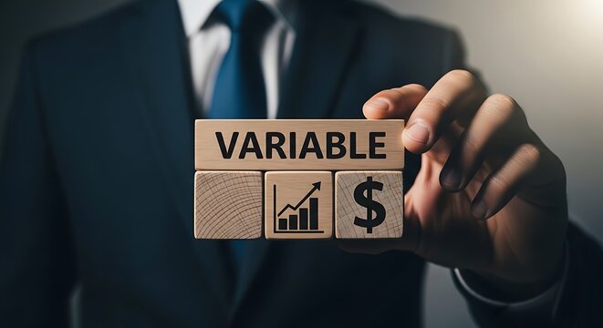 Professional businessman holding wooden blocks symbolizing financial growth and variable costs in a dynamic business strategy concept