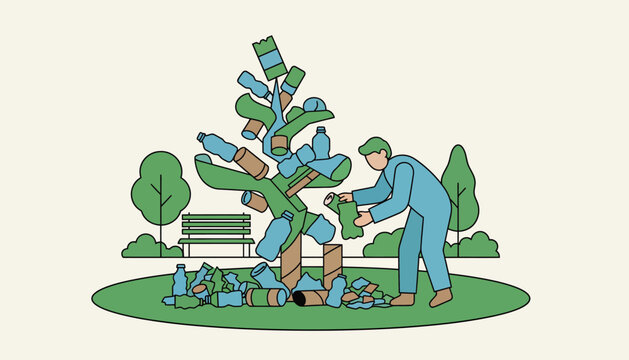 An artist creating ecoart installations in a public park using recycled materials to raise awareness about environmental issues.