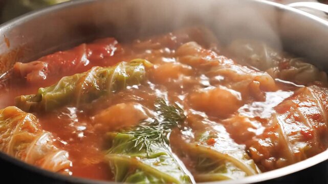 Delicious Cabbage Rolls Simmering in a Rich Tomato Sauce Traditional Homemade Meal.