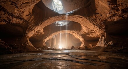 Majestic cave interior with cascading waterfalls and natural rock formations