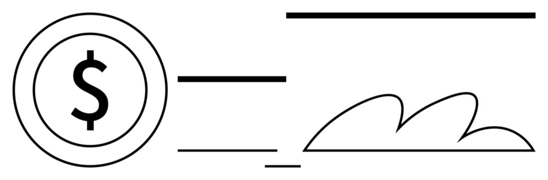 Dollar coin with motion lines beside a cloud shape. Ideal for finance, fintech, speed, technology, cloud computing, digital economy, innovation. A simple flat metaphor
