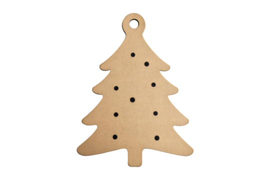 Wooden ornament Christmas tree with eight black dot decorations on transparent background