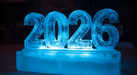 2026 ice sculpture glowing blue-new year celebration future concept and forecast