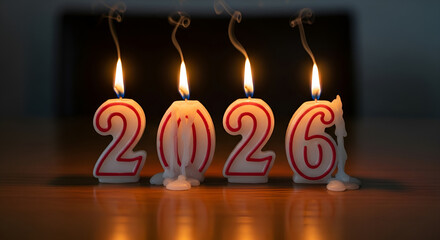 Burning 2026 candles with melted wax and smoke on a dark wooden surface New Year or anniversary concept
