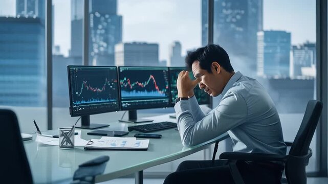 投資市場の暴落で資産運用に失敗し頭を抱える男性の切実なポーズの瞬間