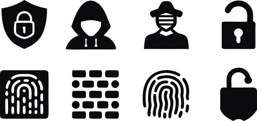 Cybersecurity icons featuring security shields padlocks and fingerprints silhouette isolated on white background