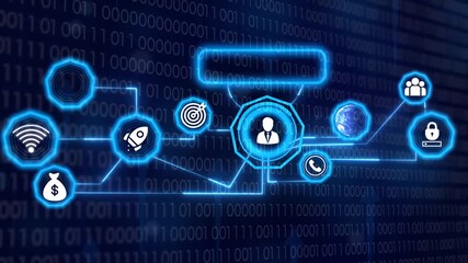 Abstract digital network with business icons on binary code background - Powered by Adobe