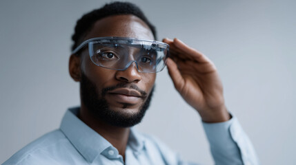 Futuristic businessman using augmented reality glasses to analyze data Description: Close-up of a man wearing advanced AR smart glasses interacting with a transparent digital inter