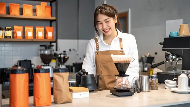 モダンな喫茶店で女性カフェ店員がドリップコーヒーを淹れる香り立つ穏やかな朝の光景