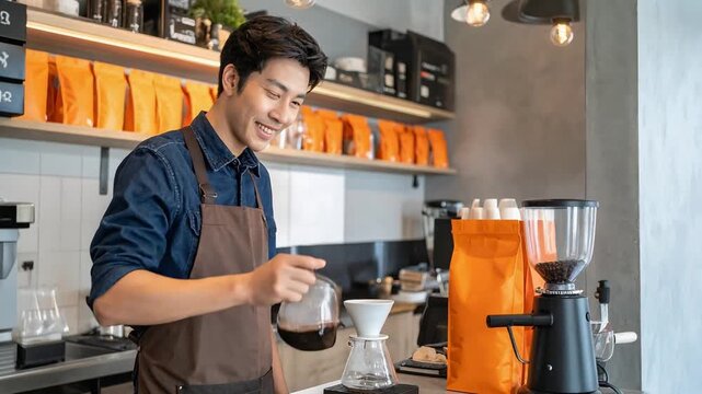 男性カフェ店員が喫茶店で丁寧にコーヒーを淹れる穏やかな時間と香りが漂う静かな瞬間