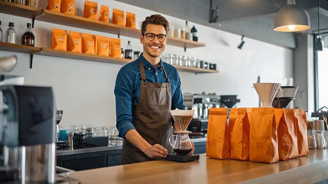 男性カフェ店員が喫茶店のカウンターで心を込めてコーヒーを注ぐ落ち着いた朝の情景