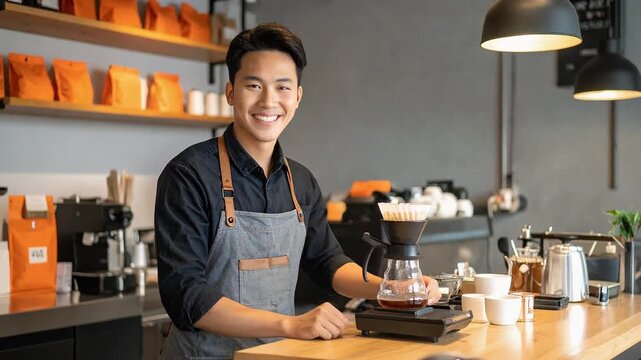 香ばしい香りに包まれた喫茶店で男性カフェ店員がハンドドリップで淹れるコーヒーの瞬間