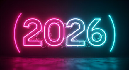 2026 Neon Light Sign with Futuristic Pink and Blue Glow and Electric Discharge
