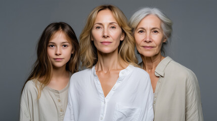 High-quality 4K conceptual portrait showing three generations of women a young girl, a middle-aged woman, and an elderly woman standing side by side against a neutral gray backgrou