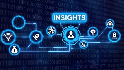 Digital Insights concept over binary code background with glowing icons - Powered by Adobe