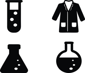 Four scientific laboratory equipment icons silhouette isolated on white background