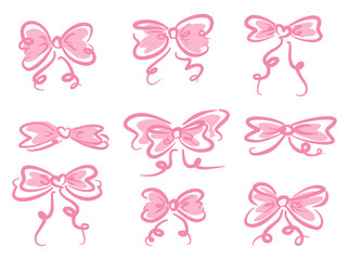 Hand Drawn Pink ribbon Bow Clipart Set. Cute Coquette Ribbon Vector Illustrations
