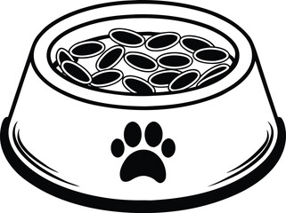Hand drawn silhouette of a dog food bowl filled with kibble isolated on white background