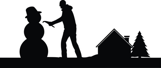 Silhouette of a person building a snowman with a house and tree isolated on white background
