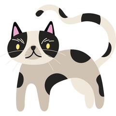 Charming Black And White Spotted Cat With Yellow Eyes Standing And Looking Forward Against A Transparent Background Full Body Portrait