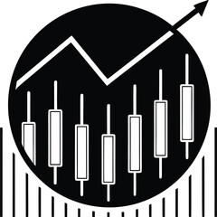 Black candlestick chart silhouette with rising arrow isolated on white background