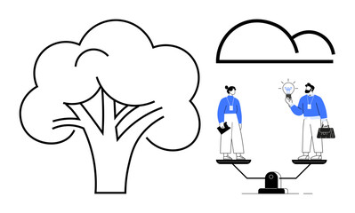 Tree beside businesspeople on a balanced scale sharing ideas under cloud. Ideal for sustainability, teamwork, equality, innovation, decision-making, environmental awareness, simple flat metaphor