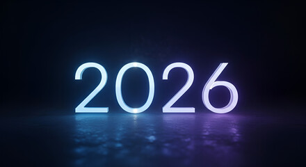 2026 illuminated text on a reflective dark floor-futuristic design with blue and purple neon light