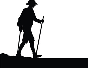 Silhouette of a hiker with trekking poles walking on a mountain trail isolated on white background