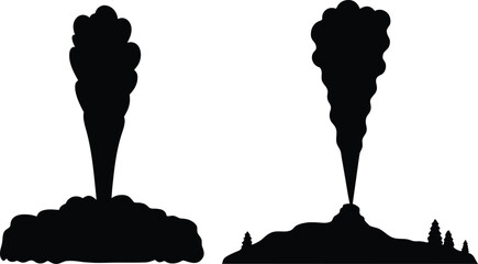 Two dark smoke plumes rising from ground in silhouette isolated on white background