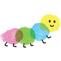 Charming cartoon caterpillar illustration with pastel pink green blue yellow segments and a happy face on a white background