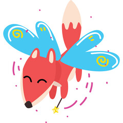 Charming Fox Character with Translucent Blue Butterfly Wings Holding a Sparkly Magic Wand on a White Background
