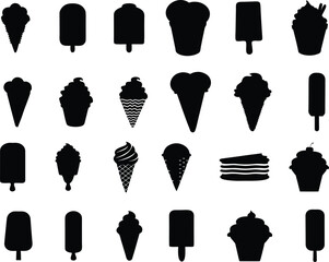 Collection of various ice cream and popsicle silhouettes isolated on white background