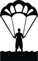 Parachutist silhouette descending with parachute isolated on white background