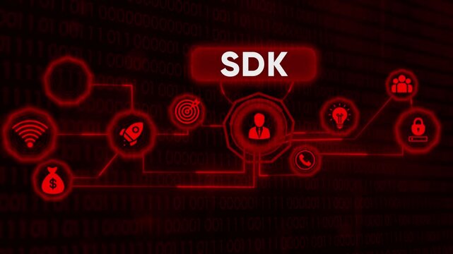 Dynamic sdk concept with glowing neon icons on digital binary background