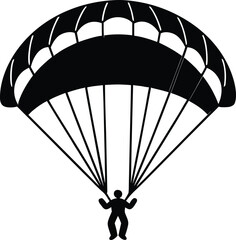 Black silhouette of a skydiver descending with a parachute isolated on white background