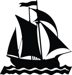 Black silhouette of a sailing ship on wavy water isolated on white background