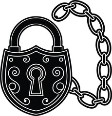 Vintage padlock with chain silhouette isolated on white background