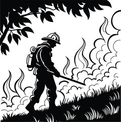 Firefighter silhouette battling flames isolated on white background