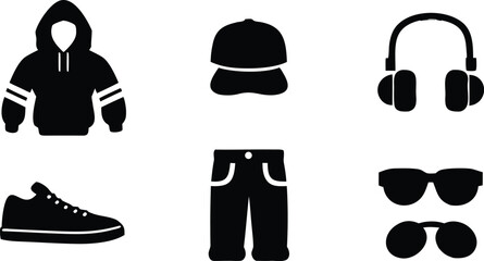 Collection of urban fashion items in silhouette isolated on white background