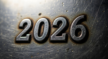 Metallic 2026 embossed on scratched grunge metal plate - future industrial design