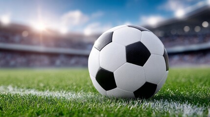Obraz premium Soccer ball resting on the grass at a stadium during a sunny afternoon match