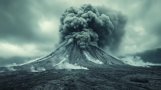 Erupting volcano with ash clouds and lava flow