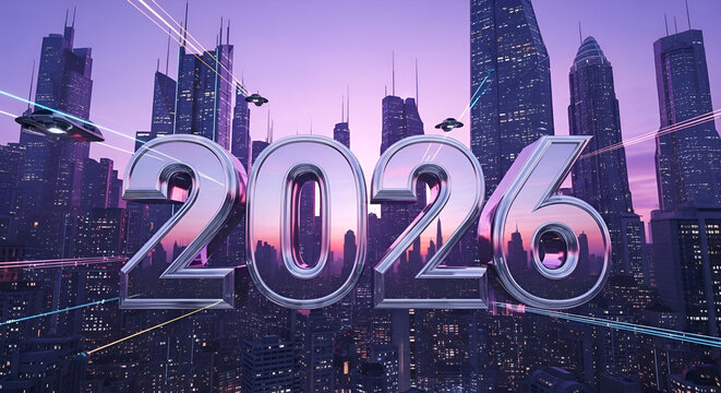 2026 future city skyline with flying vehicles and vibrant neon light trails