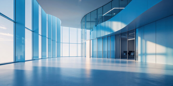 Modern office interior with large windows and natural light